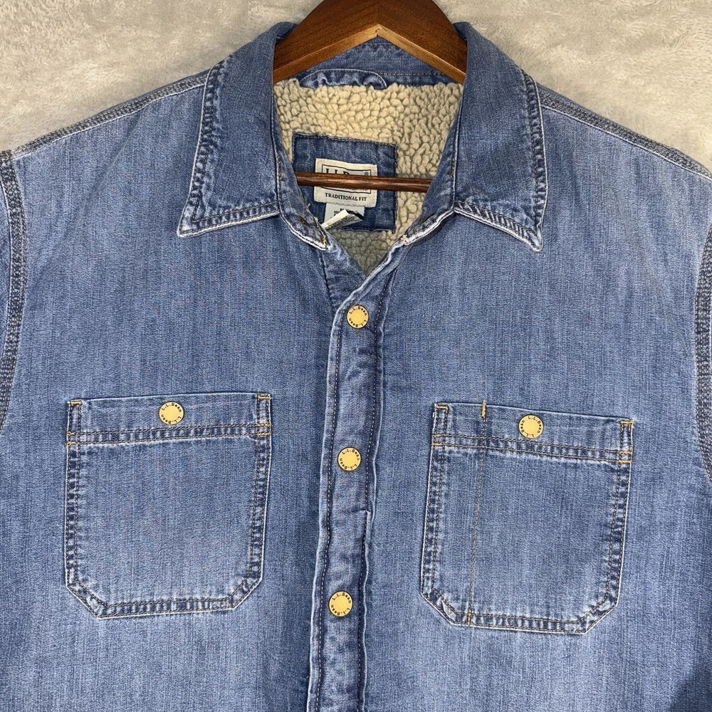 LL Bean 1912 Heritage Sherpa Lined Denim Shirt Jacket Men's Med Snap Up Shacket - Picture 2 of 15